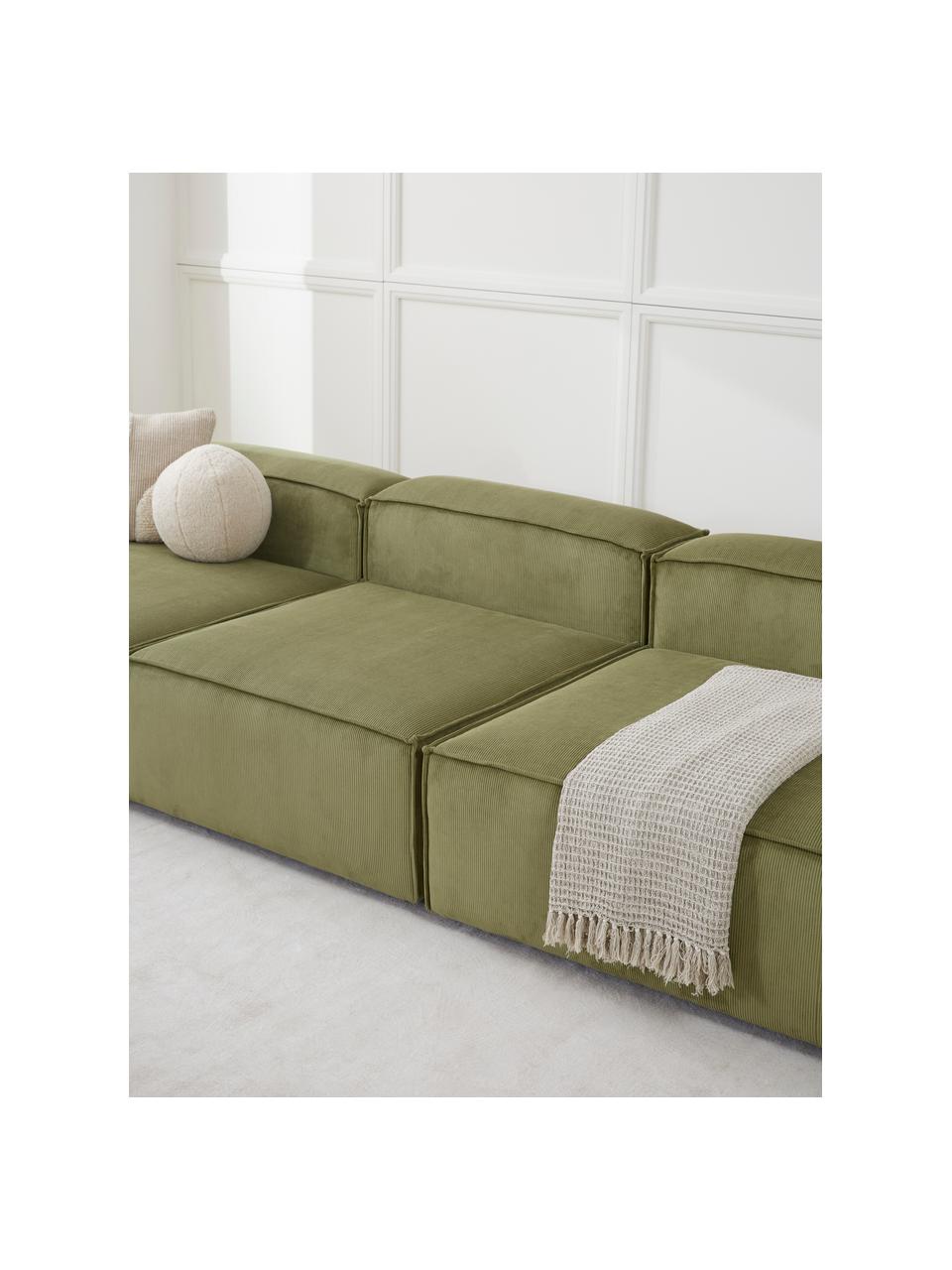 Méridienne modulable XL en velours côtelé Lennon, Velours côtelé vert, larg. 357 x prof. 119 cm, dossier à gauche