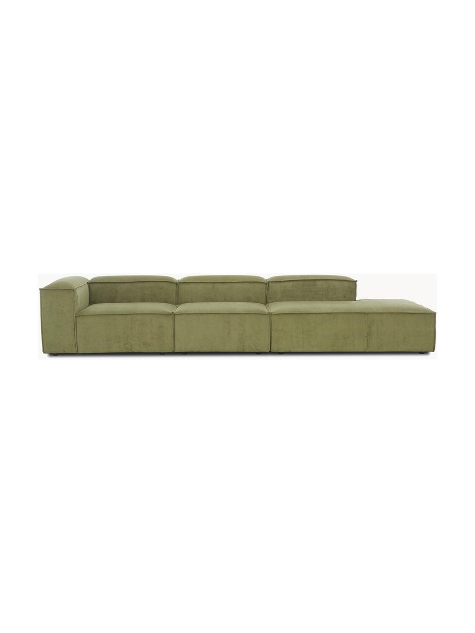 Méridienne modulable XL en velours côtelé Lennon, Velours côtelé vert olive, larg. 357 x prof. 119 cm, dossier à gauche