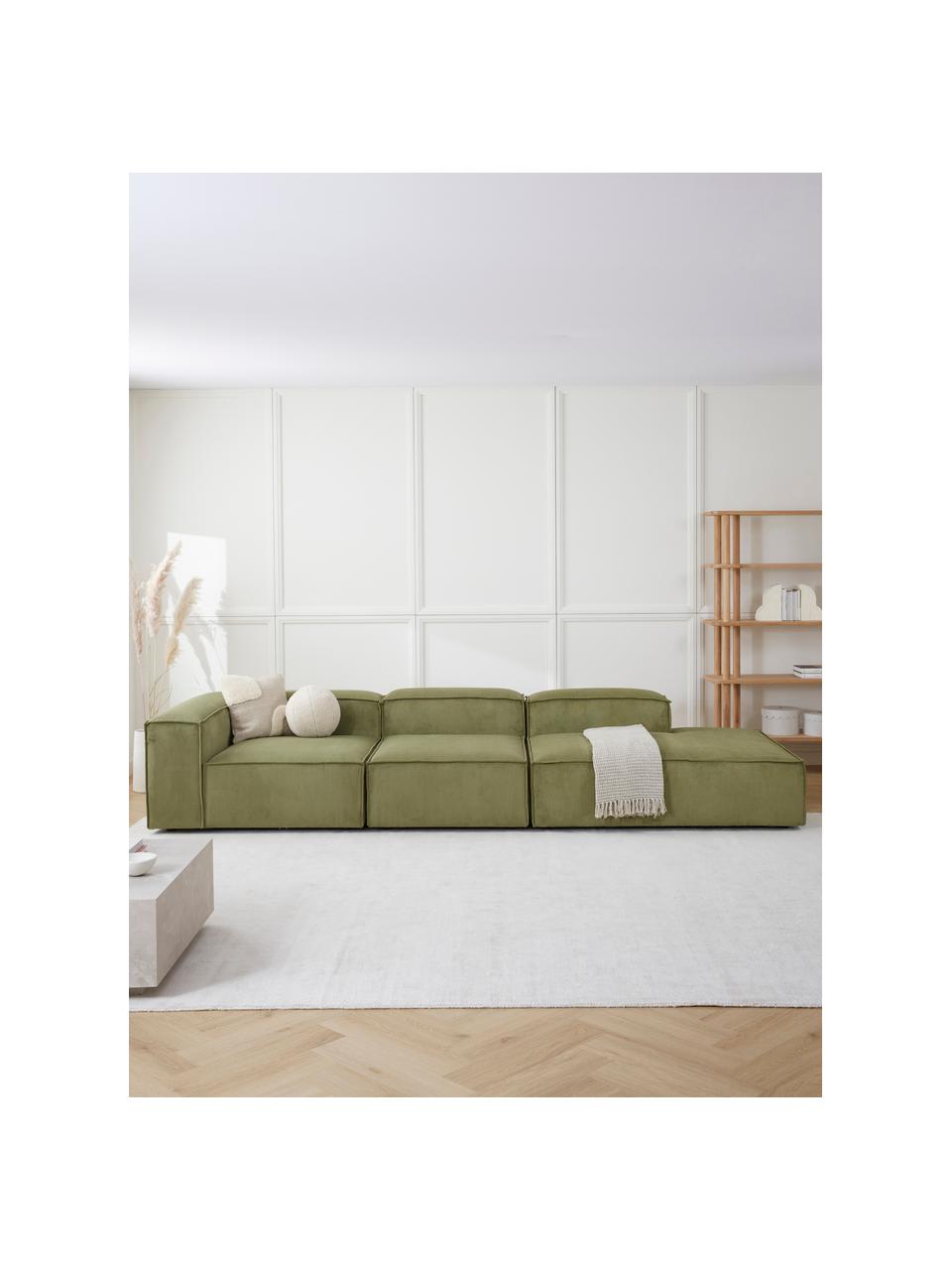 Méridienne modulable XL en velours côtelé Lennon, Velours côtelé vert olive, larg. 357 x prof. 119 cm, dossier à gauche