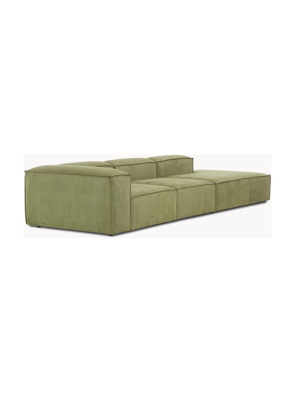 Méridienne modulable XL en velours côtelé Lennon, Velours côtelé vert olive, larg. 357 x prof. 119 cm, dossier à gauche