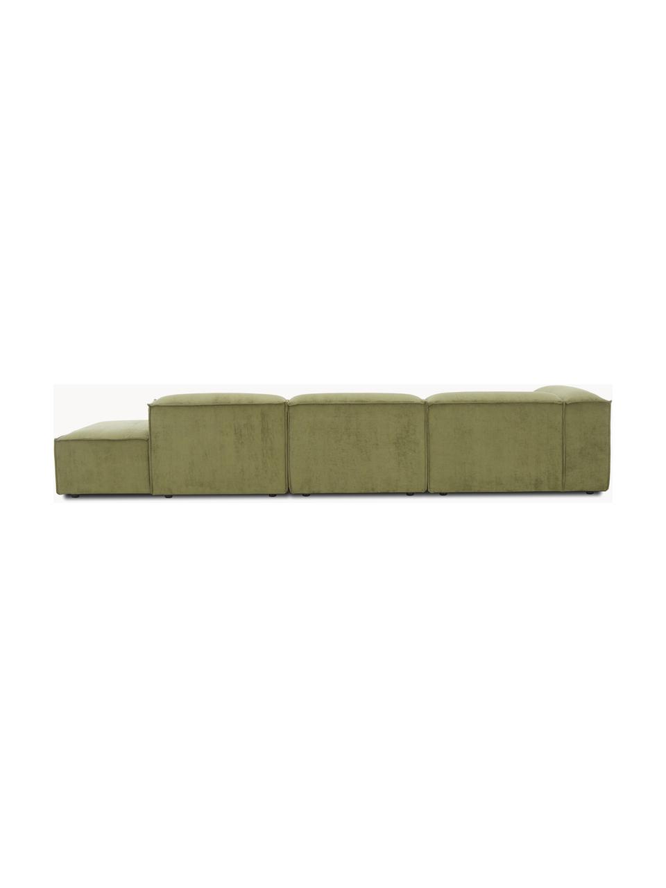 Méridienne modulable XL en velours côtelé Lennon, Velours côtelé vert olive, larg. 357 x prof. 119 cm, dossier à gauche