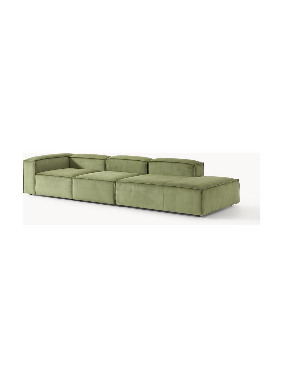 Chaise longue XL componibile in velluto a coste Lennon, Rivestimento: velluto a coste (92% poli, Struttura: legno di pino massiccio, , Piedini: plastica I piedini si tro, Velluto a coste verde oliva, Larg. 357 x Prof. 119 cm, schienale a sinistra