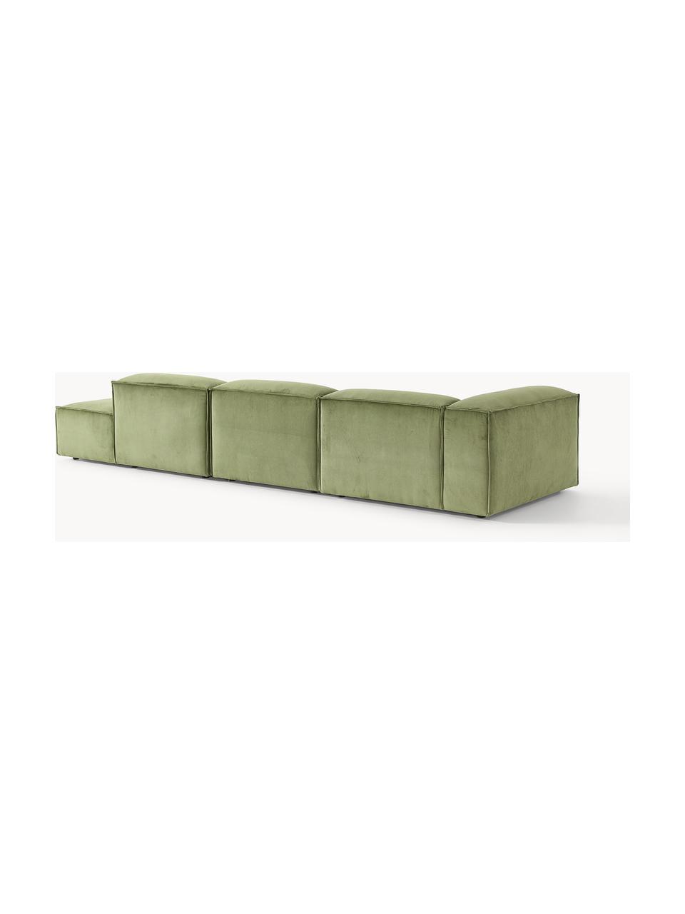 Chaise loungue XL componibile in velluto a coste Lennon, Rivestimento: velluto a coste (92% poli, Struttura: legno di pino massiccio, , Piedini: plastica I piedini si tro, Velluto a coste verde oliva, Larg. 357 x Prof. 119 cm, schienale a sinistra