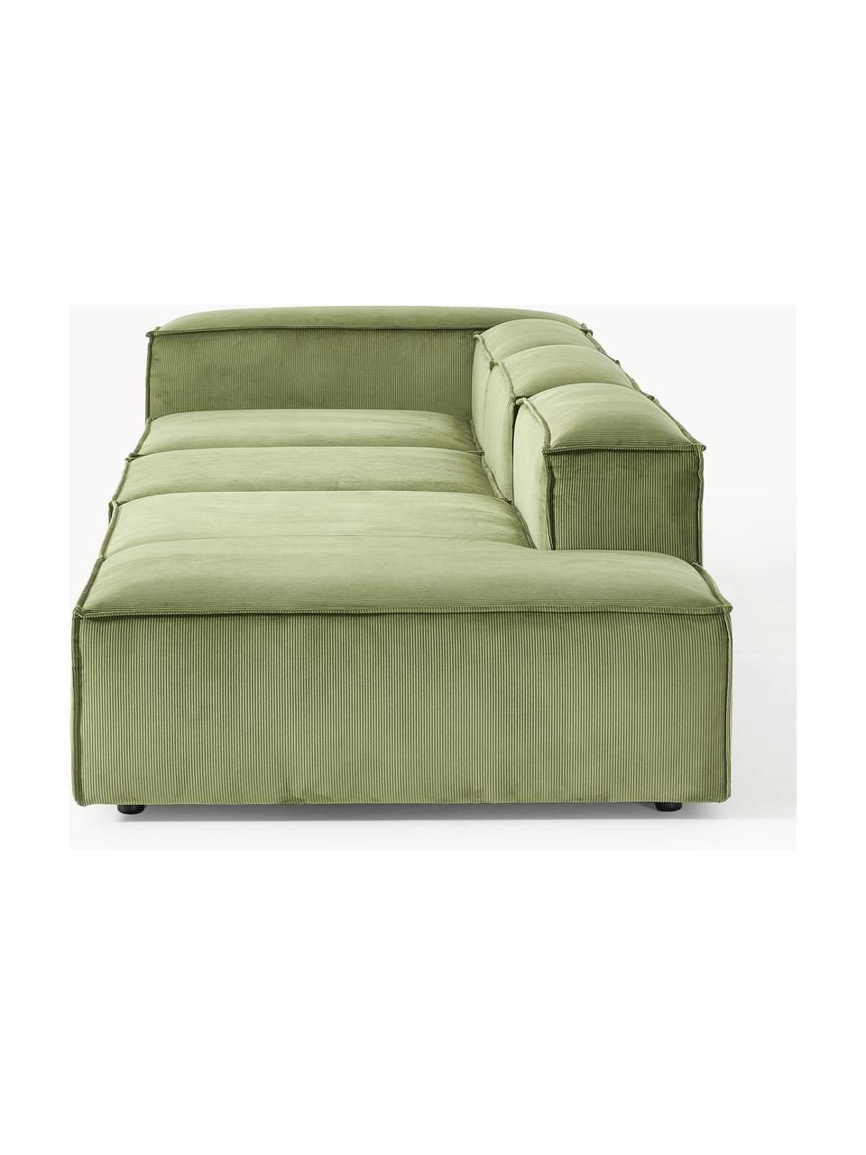 Chaise longue XL componibile in velluto a coste Lennon, Rivestimento: velluto a coste (92% poli, Struttura: legno di pino massiccio, , Piedini: plastica I piedini si tro, Velluto a coste verde oliva, Larg. 357 x Prof. 119 cm, schienale a sinistra