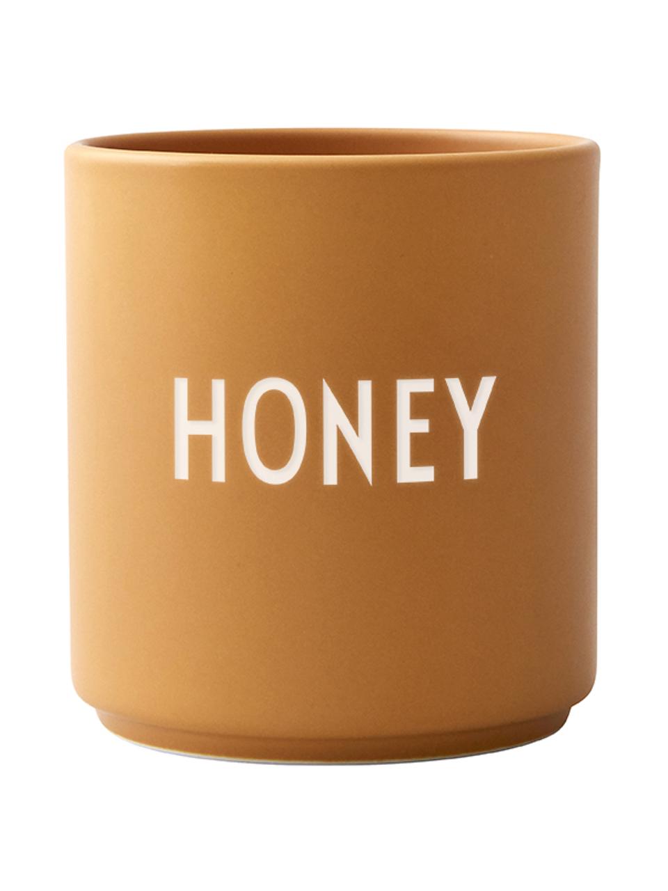 Design beker Favourite HONEY in mosterdgeel met opschrift, Fine Bone China (porselein), Mosterdgeel, wit, Ø 8 x H 9 cm