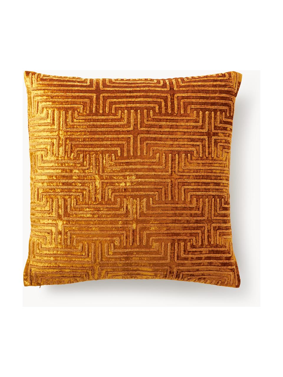 Housse de coussin 60x60 en velours avec broderie en chenille Stormi, Orange, larg. 60 x long. 60 cm