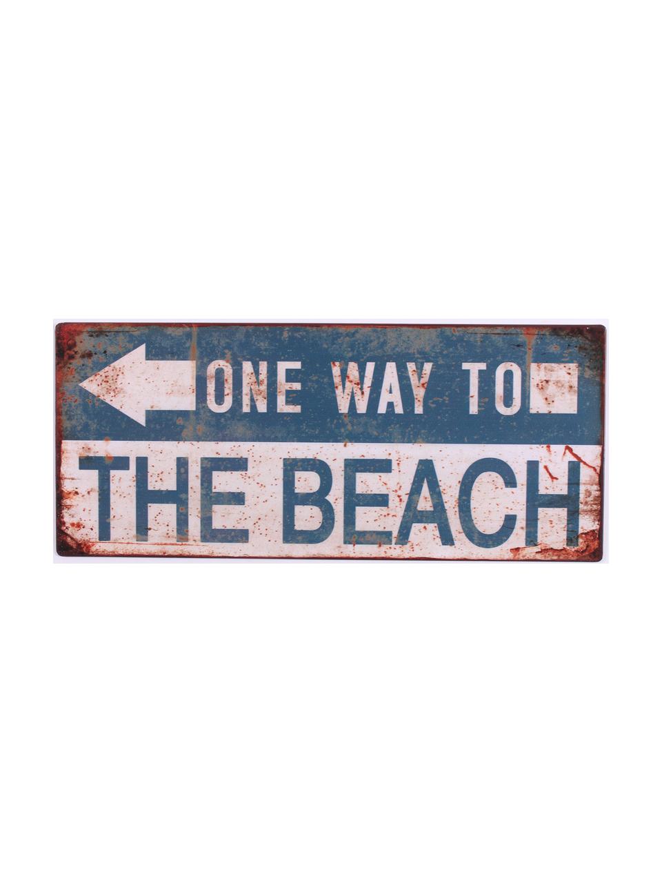 Insegna a muro One way to the beach, Metallo rivestito, Blu, bianco latteo, marrone ruggine, Larg. 31 x Alt. 13 cm