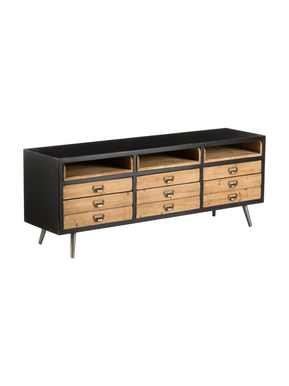 Credenza bassa industriale Sol, Nero, legno di pino, Larg. 155 x Alt. 58 cm