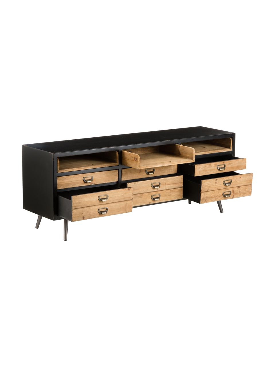 Credenza bassa industriale Sol, Nero, legno di pino, Larg. 155 x Alt. 58 cm