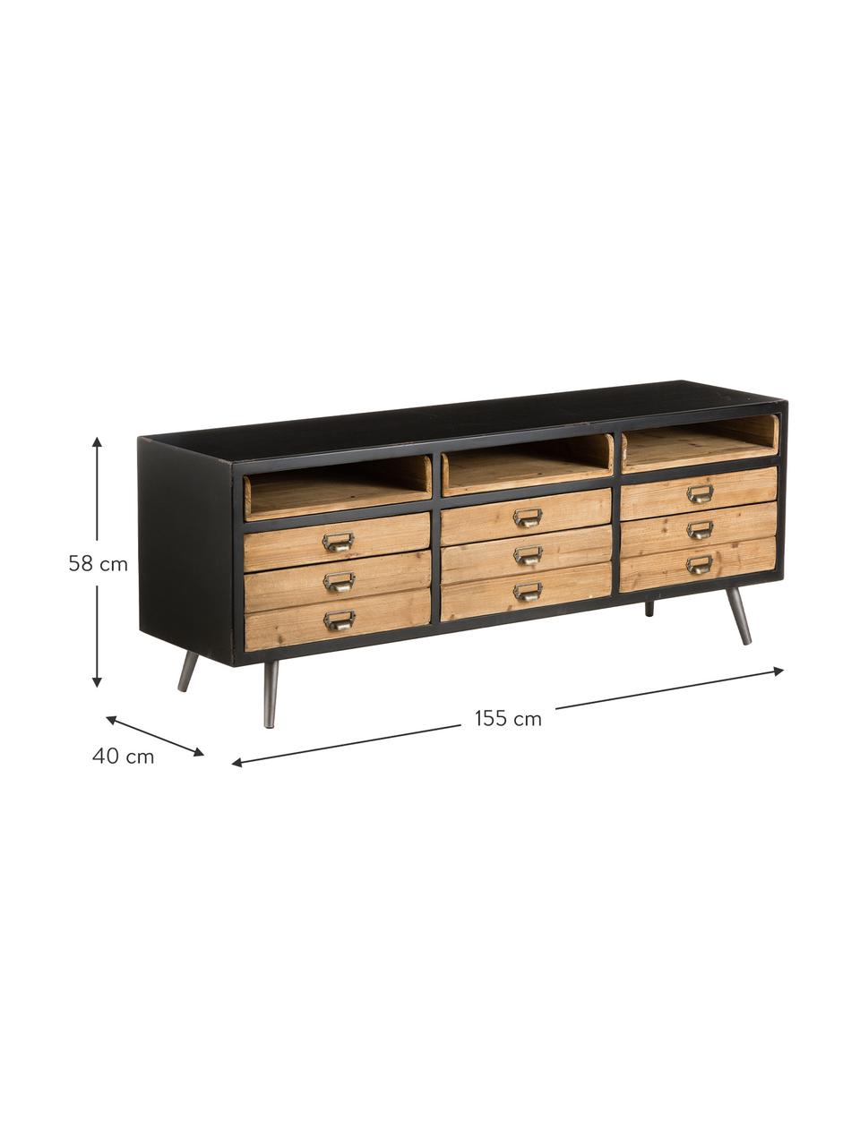 Credenza bassa industriale Sol, Nero, legno di pino, Larg. 155 x Alt. 58 cm