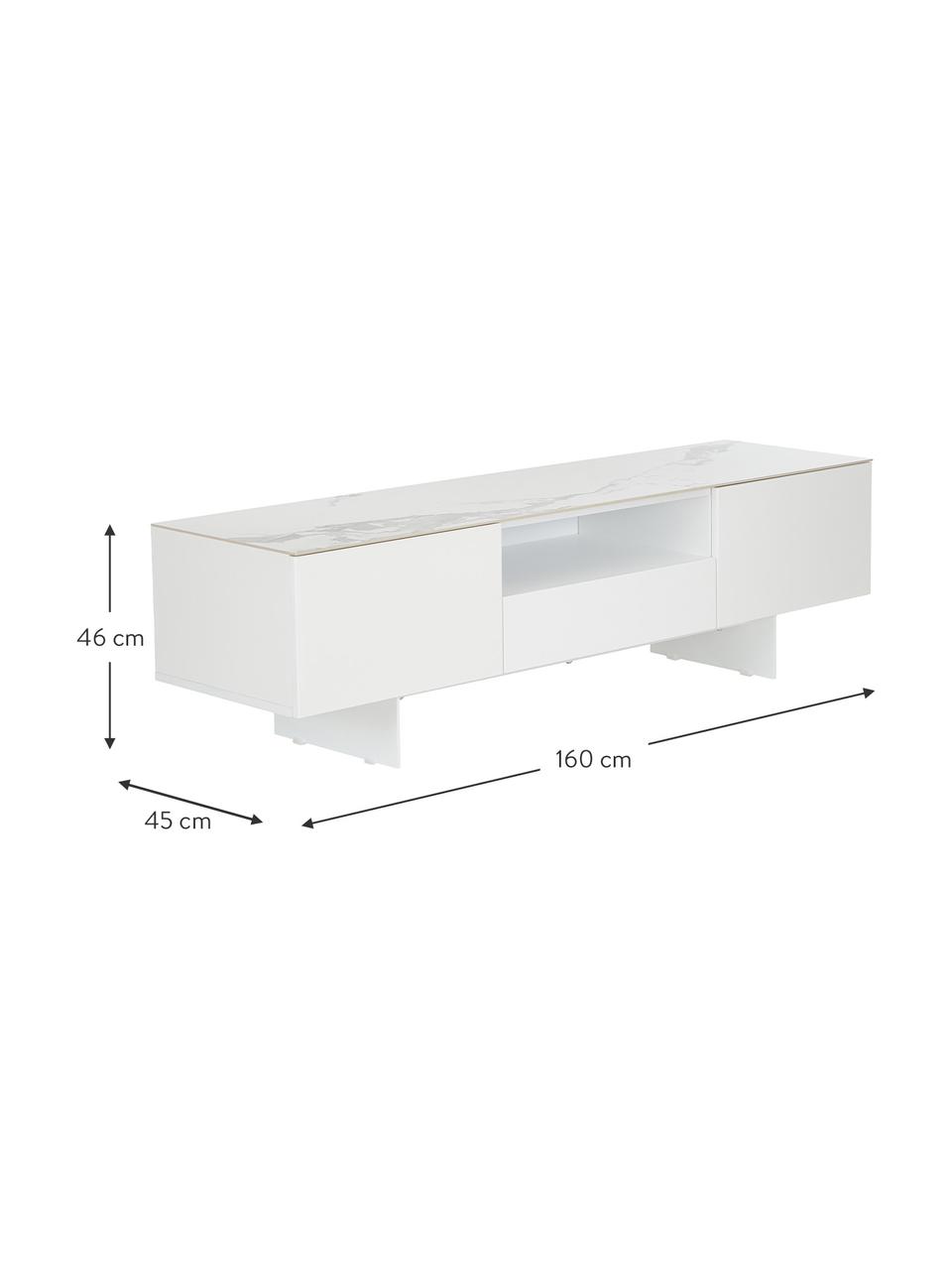 Witte Tv-meubel Fiona met oppervlak in marmerlook, Frame: gelakt MDF, Poten: gepoedercoat metaal, Plank: keramiek, Frame: mat wit Poten: mat wit Plank: wit, gemarmerd, B 160 x H 46 cm