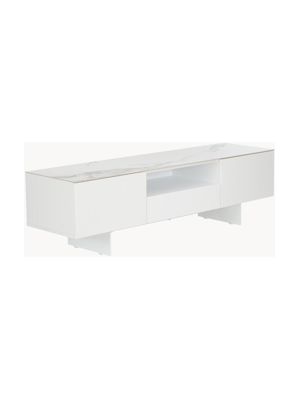 Mueble de TV Fione, con tablero en efecto mármol, Estructura: tablero de fibras de dens, Patas: metal con pintura en polv, Estante: cerámica, Blanco, An 160 x Al 46 cm