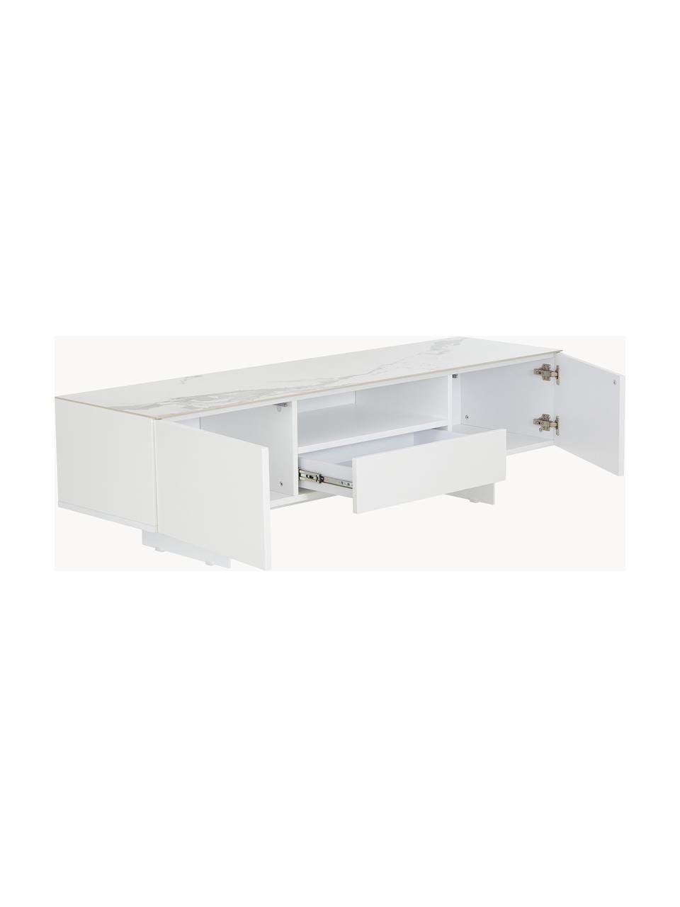 Meuble TV avec plateau aspect marbre Fiona, Blanc, larg. 160 x haut. 46 cm