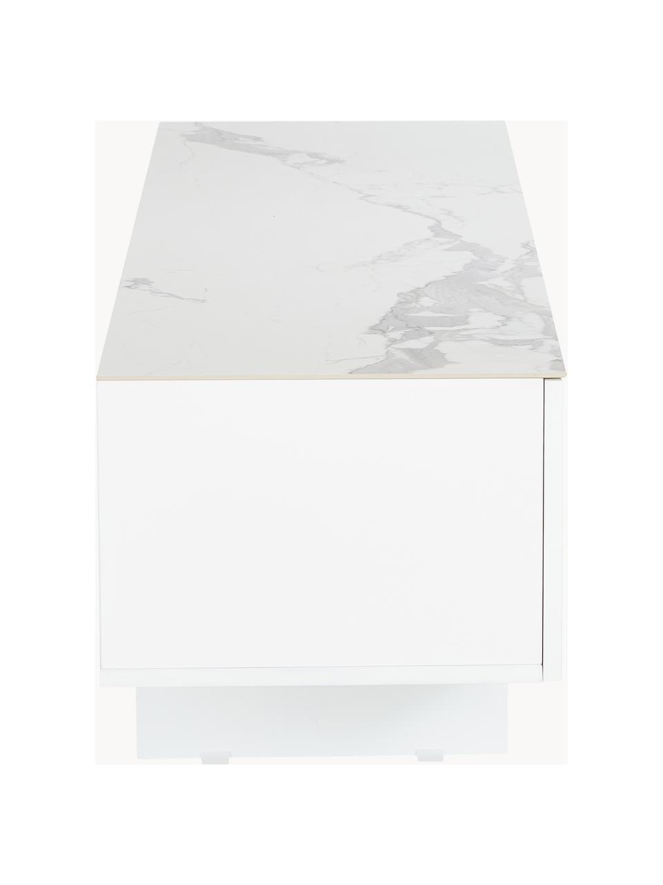 Mueble de TV Fione, con tablero en efecto mármol, Estructura: tablero de fibras de dens, Patas: metal con pintura en polv, Estante: cerámica, Blanco, An 160 x Al 46 cm