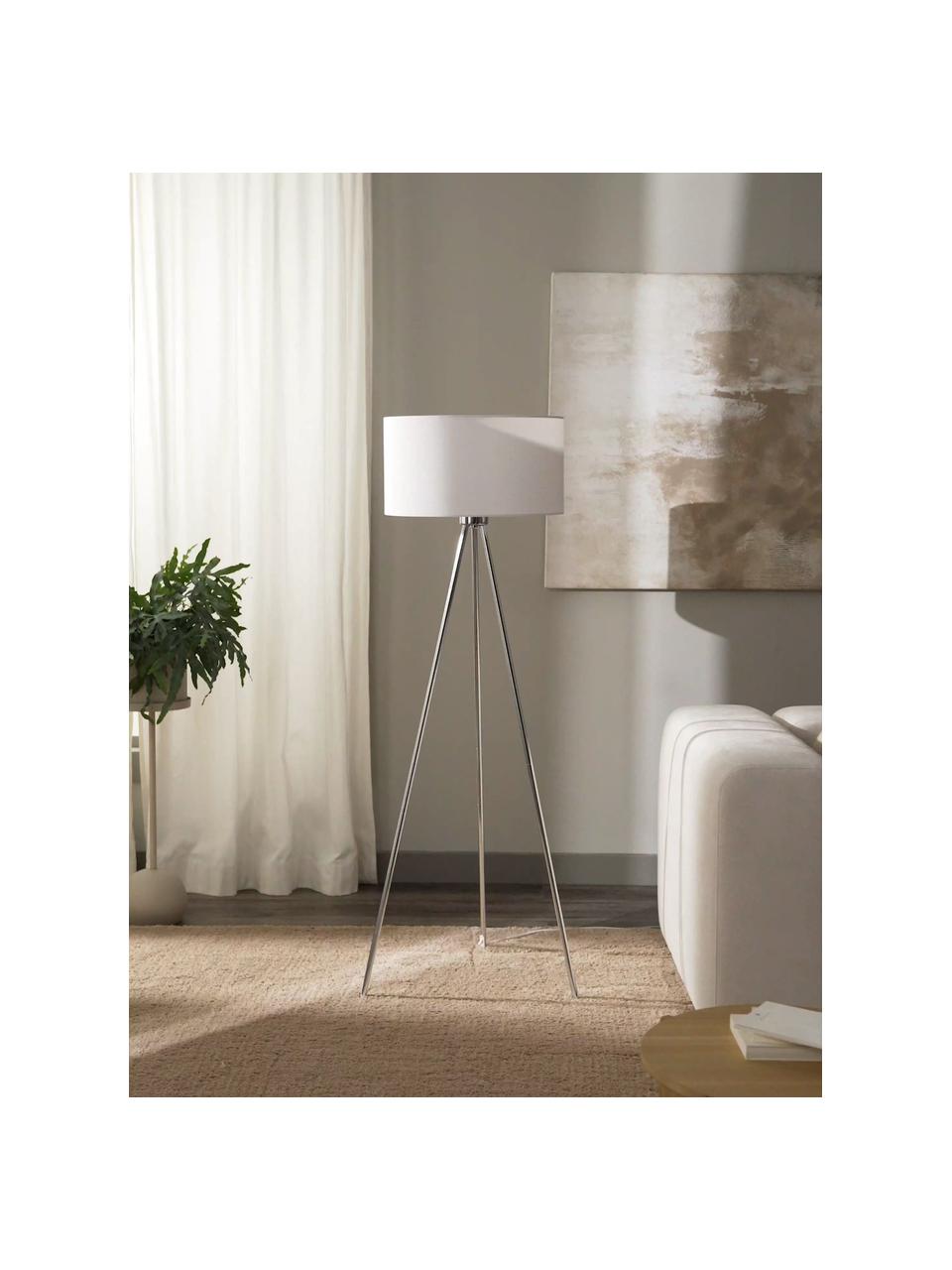Lampa podłogowa trójnóg z kloszem z tkaniny Cella, Biały, odcienie chromu, Ø 45 x W 147 cm