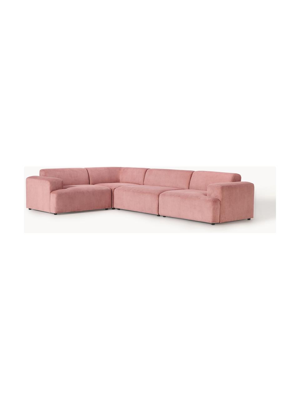 Großes Ecksofa Melva (4-Sitzer) aus Cord, Bezug: Cord (92 % Polyester, 8 %, Gestell: Massives Kiefernholz, Spe, Füße: Kunststoff Dieses Produkt, Cord Altrosa, B 339 x T 220 cm, Eckteil links