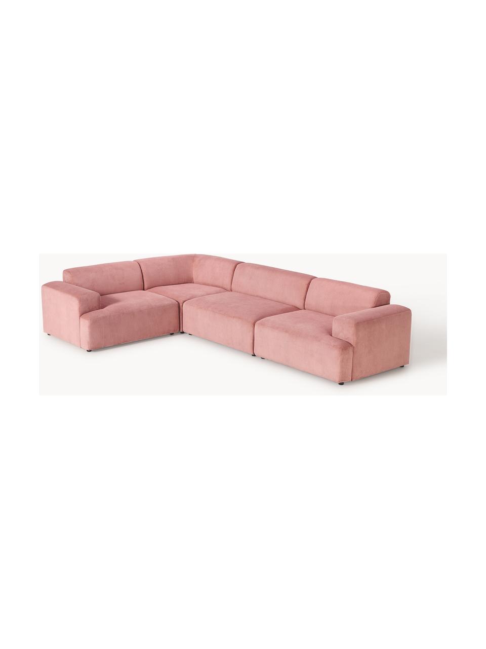 Großes Ecksofa Melva (4-Sitzer) aus Cord, Bezug: Cord (92 % Polyester, 8 %, Gestell: Massives Kiefernholz, Spe, Füße: Kunststoff Dieses Produkt, Cord Altrosa, B 339 x T 220 cm, Eckteil links