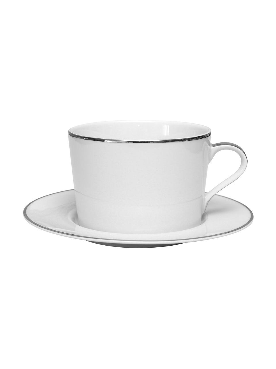 Tazzina caffè in porcellana con piattino e bordi argentati Ginger 2 pz, Porcellana, Bianco, argentato, Ø 17 x Alt. 8 cm