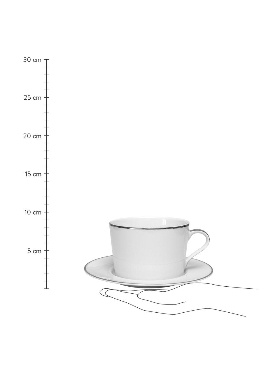 Filiżanka do kawy z porcelany ze spodkiem Ginger, 2 szt., Porcelana, Biały, odcienie srebrnego, Ø 17 x W 8 cm