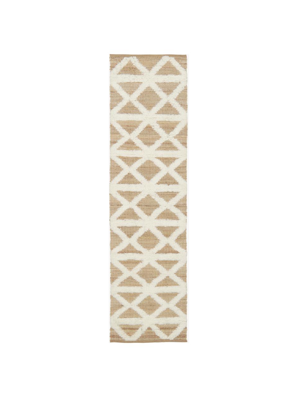 Tapis de couloir en jute tissé à la main Malea, 57 % jute, 35 % laine, 7 % coton, Beige, blanc crème, larg. 80 x long. 250 cm