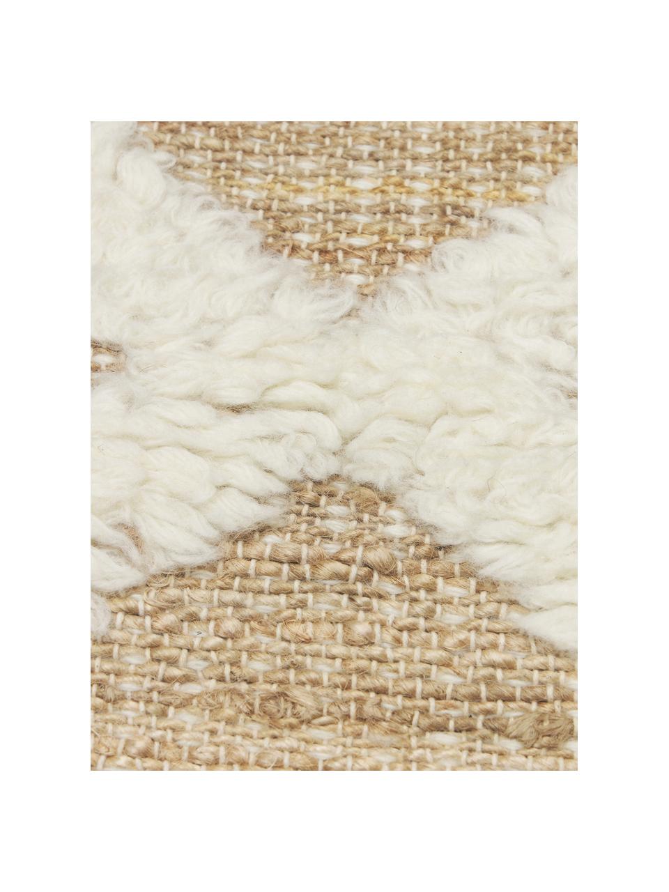 Tapis de couloir en jute tissé à la main Malea, 57 % jute, 35 % laine, 7 % coton, Beige, blanc crème, larg. 80 x long. 250 cm