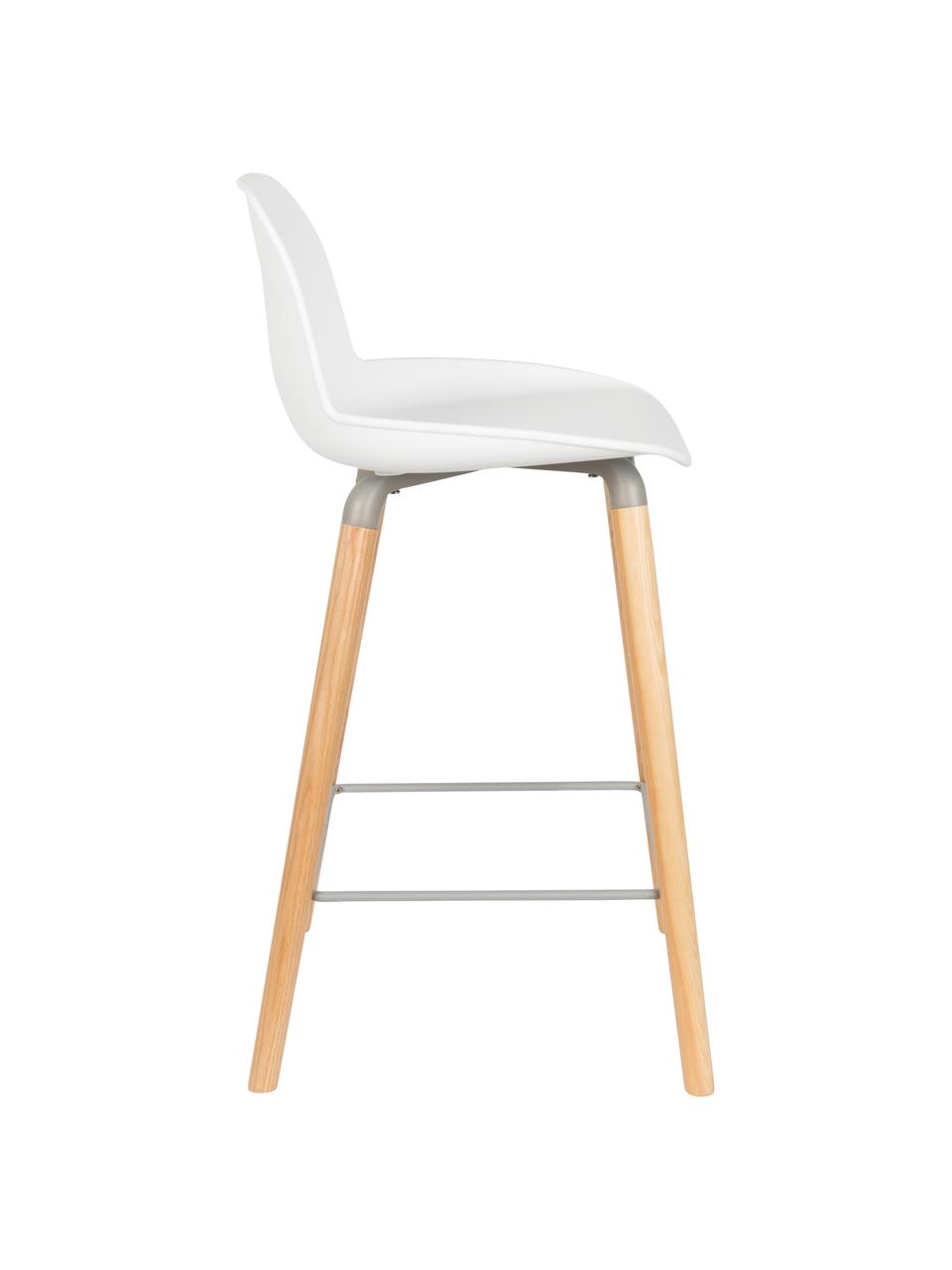 Dizajnová barová stolička Albert Kuip, Sedadlo: biela Nohy: jaseňové drevo Rám a podnožka: sivá