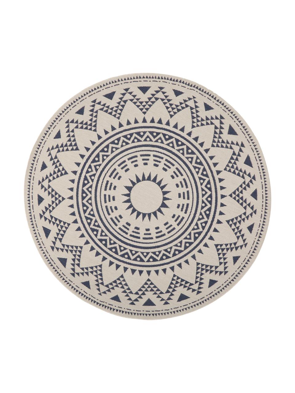 Tapis rond outdoor style ethno Arre, Blanc, bleu