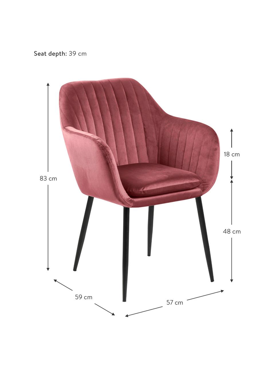 Krzesło z podłokietnikami z aksamitu i metalowymi nogami Emilia, Tapicerka: aksamit poliestrowy Dzięk, Nogi: metal lakierowany, Aksamitny koralowy, czarny, S 57 x G 59 cm