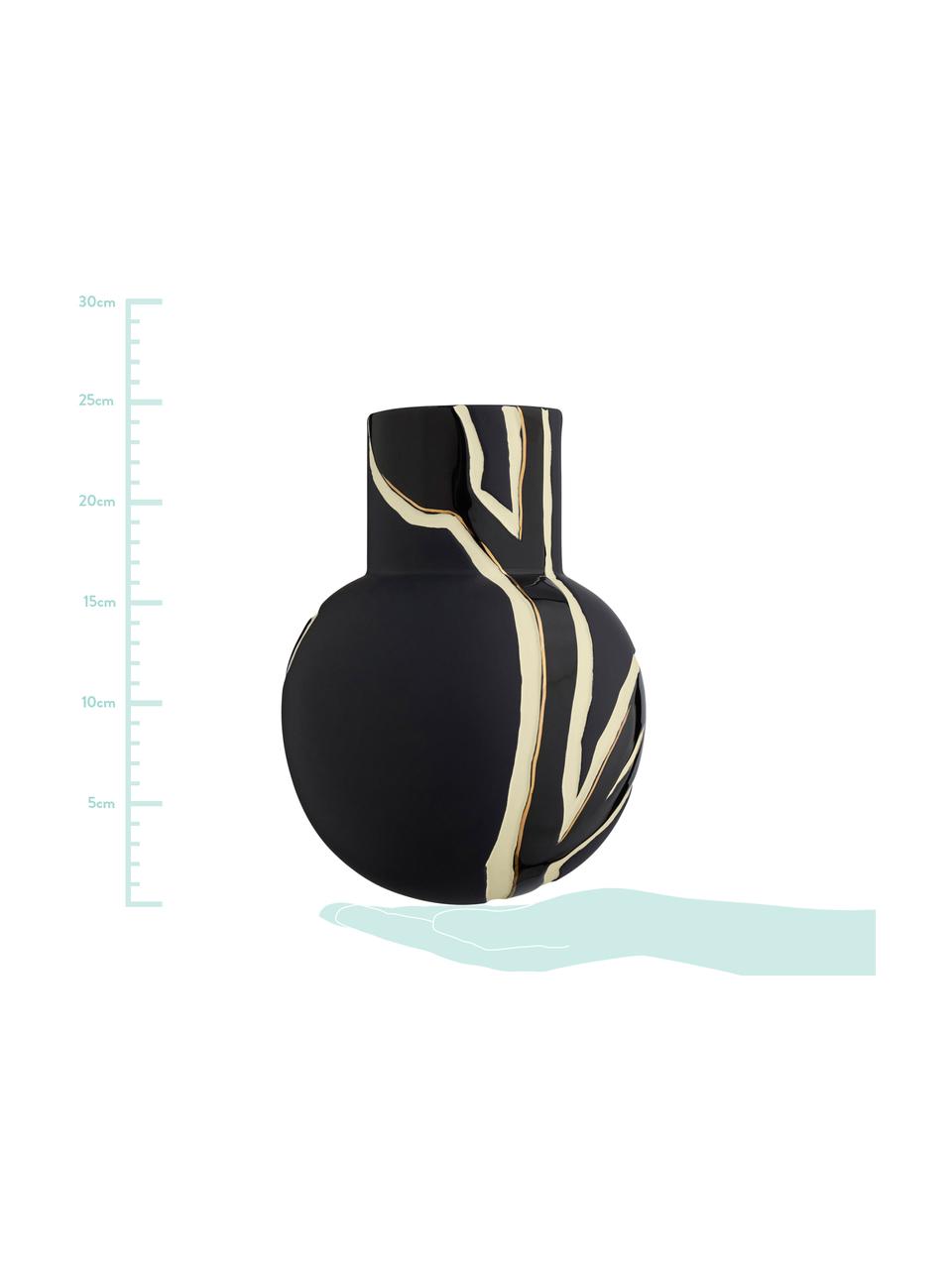 Handgefertigte Design-Vase Fiora, Porzellan, Blau-Schwarz, Creme, Goldfarben, 19 x 25 cm