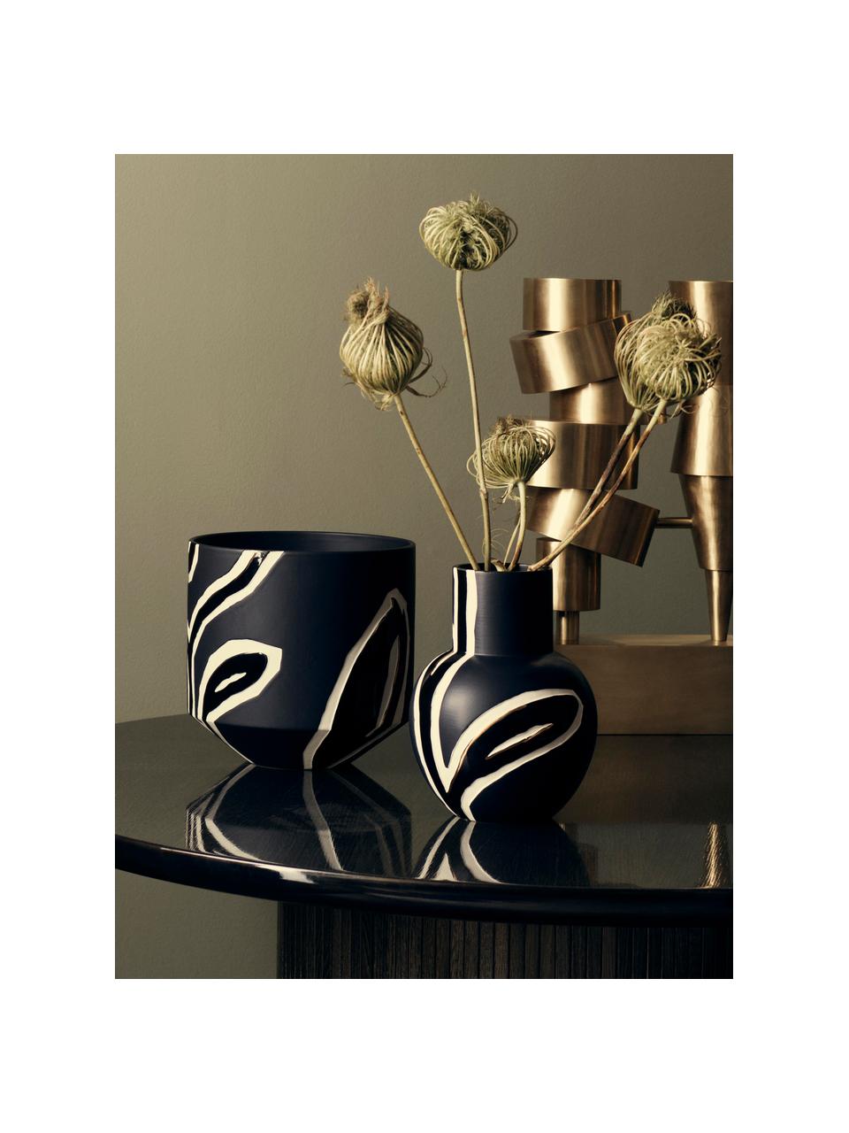 Handgefertigte Design-Vase Fiora, Porzellan, Blau-Schwarz, Creme, Goldfarben, 19 x 25 cm