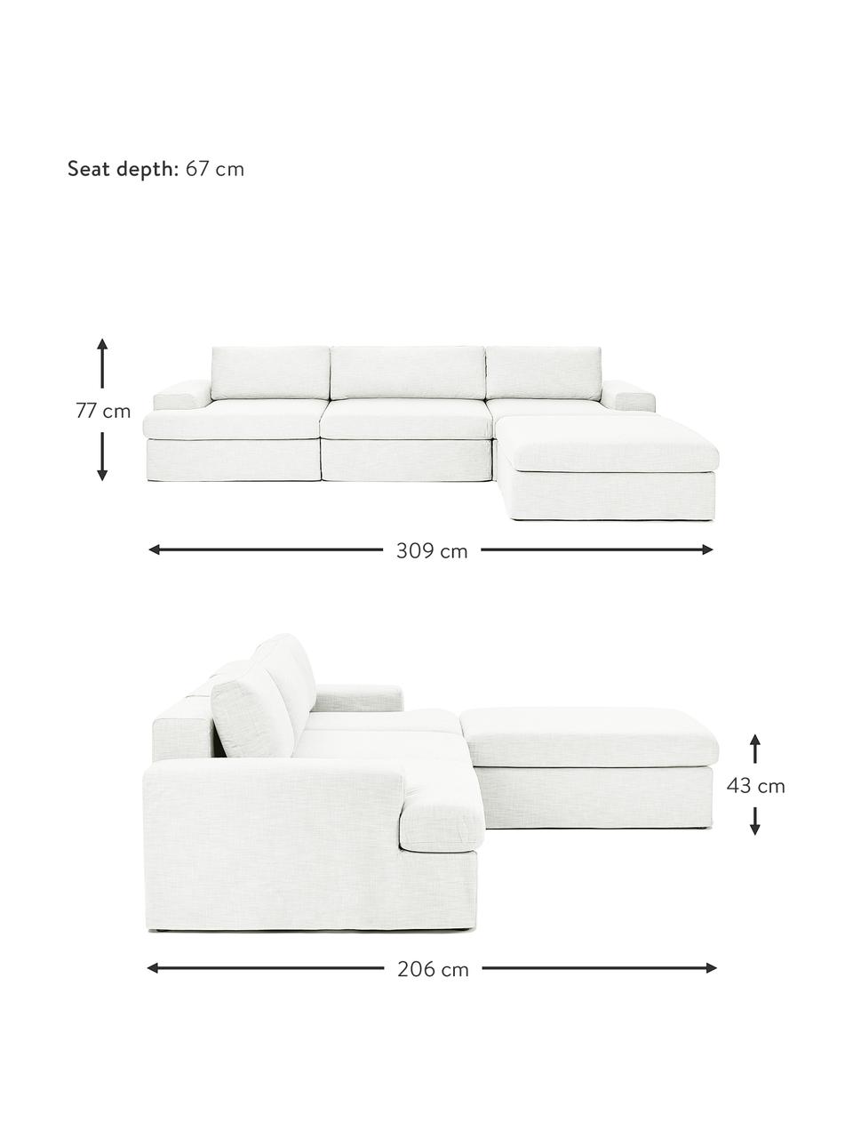Divano componibile 4 posti Russell, Rivestimento: 100% cotone Con 50.000 ci, Struttura: legno di pino massiccio c, Piedini: plastica, Tessuto bianco crema, Larg. 309 x Alt. 77 cm