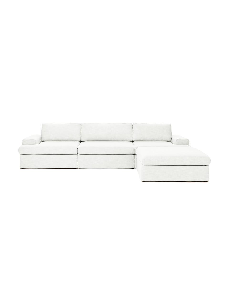 Sofa modułowa z pufem Russell (4-osobowa), Tapicerka: 100% bawełna Dzięki tkani, Stelaż: lite drewno sosnowe z cer, Nogi: tworzywo sztuczne, Kremowobiała tkanina, S 309 x W 77 cm