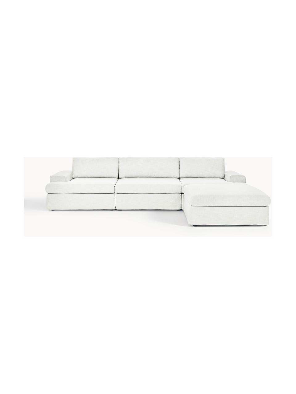 Modulares Sofa Russell (4-Sitzer) mit Hocker (links/rechts), Bezug: 100% Baumwolle Der strapa, Gestell: Massives Kiefernholz, Spe, Füße: Kunststoff Dieses Produkt, Webstoff Off White, B 309 x T 206 cm