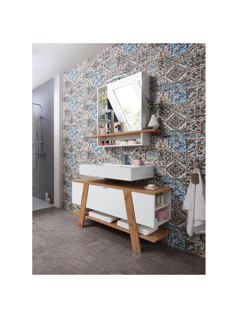 Badkamer spiegelkast Rodrigo met LED verlichting, Frame: spaanplaat, melamine geco, Plank: spaanplaat met melamineha, Wit, eikenhout optiek, B 90 x H 91 cm