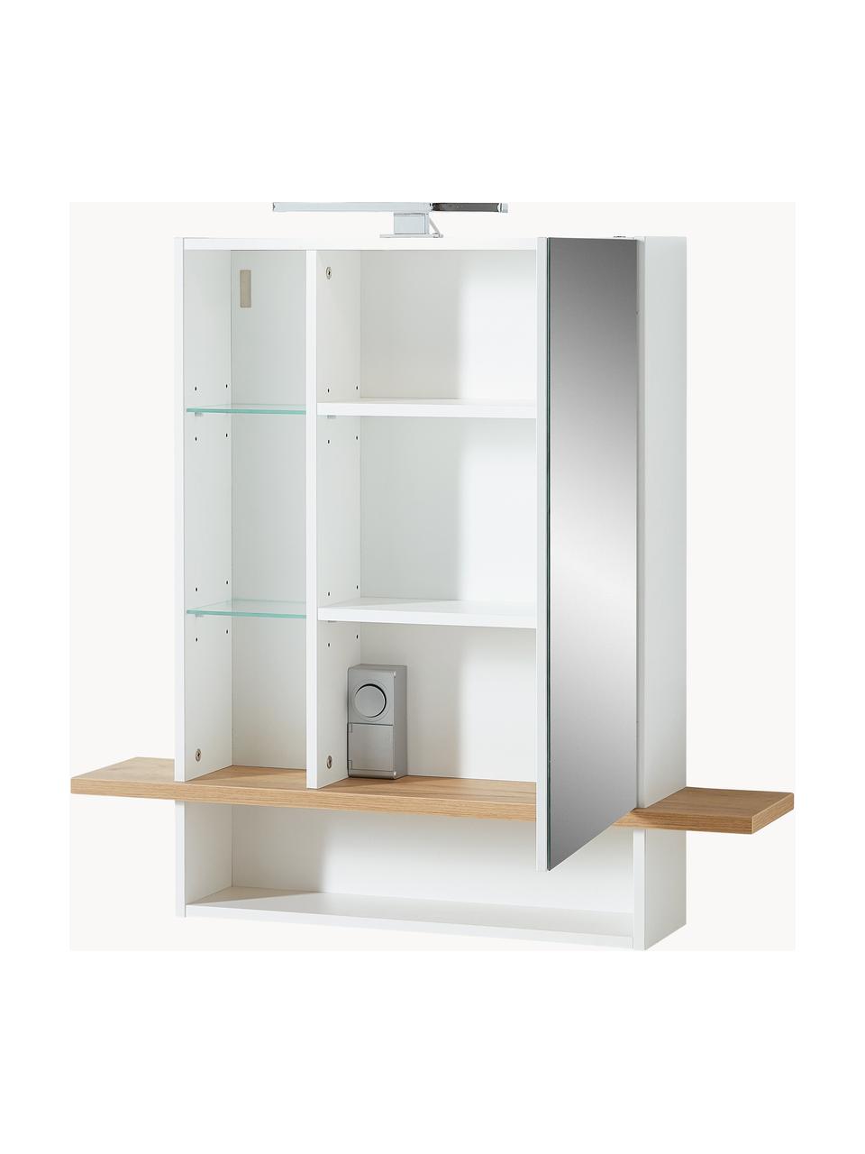 Bad-Spiegelschrank Rodrigo mit LED-Beleuchtung, Korpus: Spanplatte, melaminbeschi, Ablage: Spanplatte mit Melaminhar, Spiegelfläche: Spiegelglas, Weiß, Eichenholz-Optik, B 90 x H 91 cm