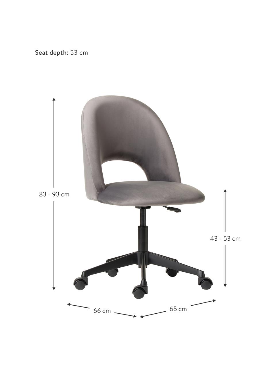 Fluwelen bureaustoel Rachel, in hoogte verstelbaar, Bekleding: fluweel (hoogwaardig poly, Poten: gepoedercoat metaal, Fluweel grijs, B 65 x D 66 cm