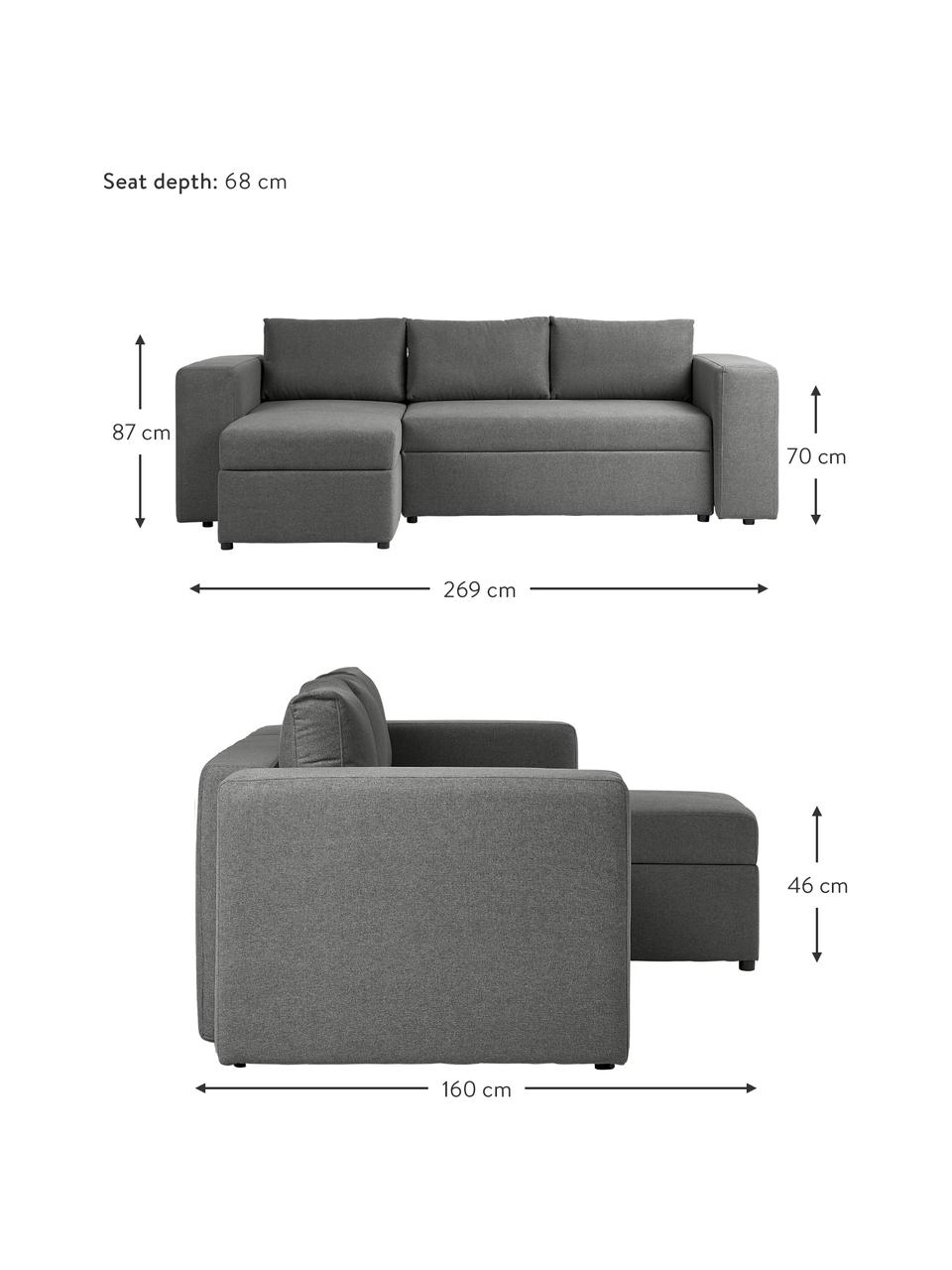 Sofa rozkładana z miejscem do przechowywania Noah (3-osobowa), Tapicerka: poliester Dzięki tkaninie, Nogi: tworzywo sztuczne, Ciemnoszara tkanina, S 269 x G 160 cm, lewostronna