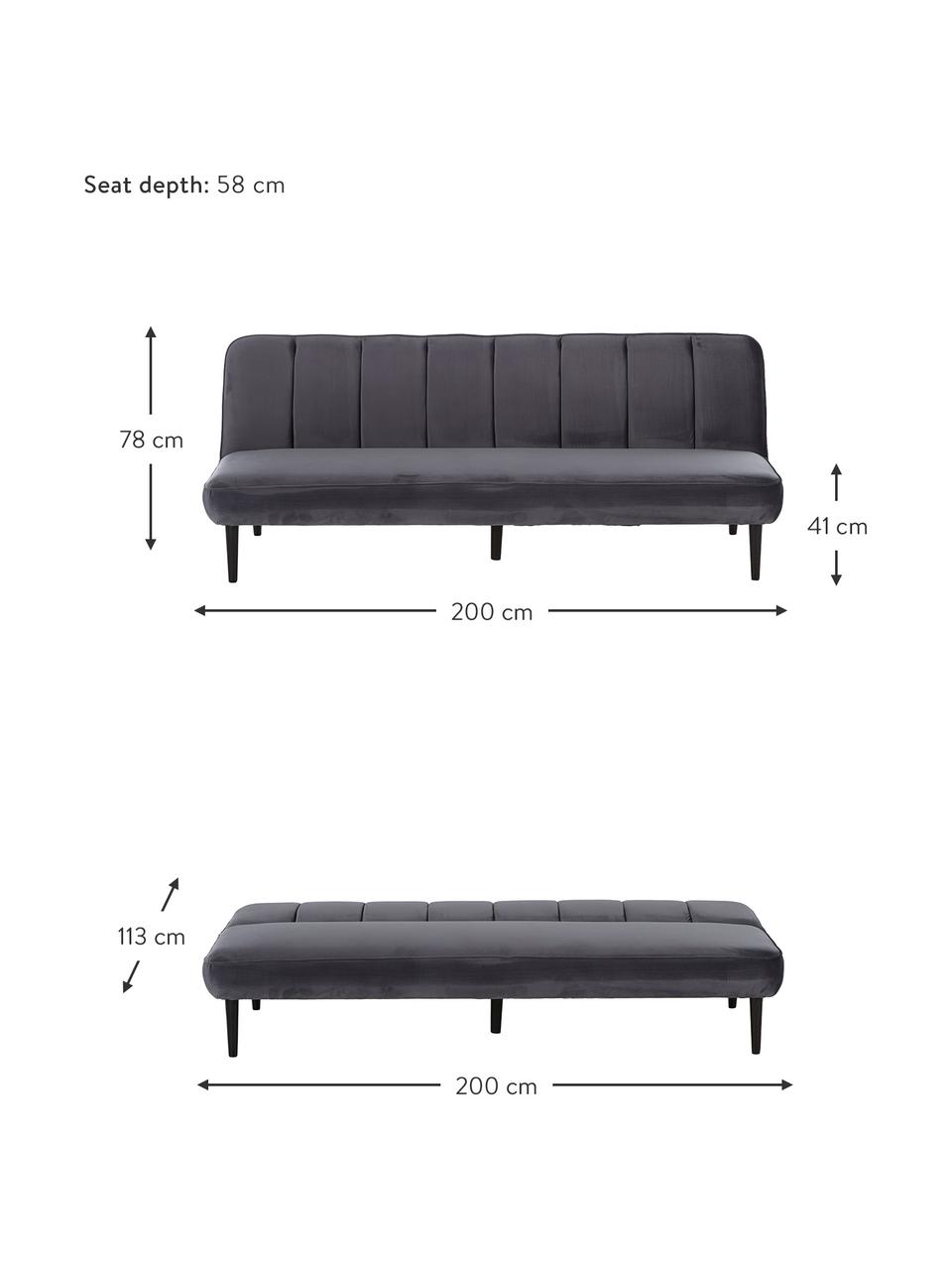 Sofa z aksamitu z drewnianymi nogami i funkcją spania Hayley, Tapicerka: aksamit (poliester) Dzięk, Nogi: drewno kauczukowe, lakier, Szary aksamit, czarny, S 200 x G 89 cm