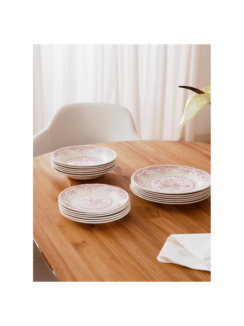 Set 18 piatti in porcellana con motivo floreale per 6 persone Rose, Ceramica, Bianco, rosa, Set in varie misure