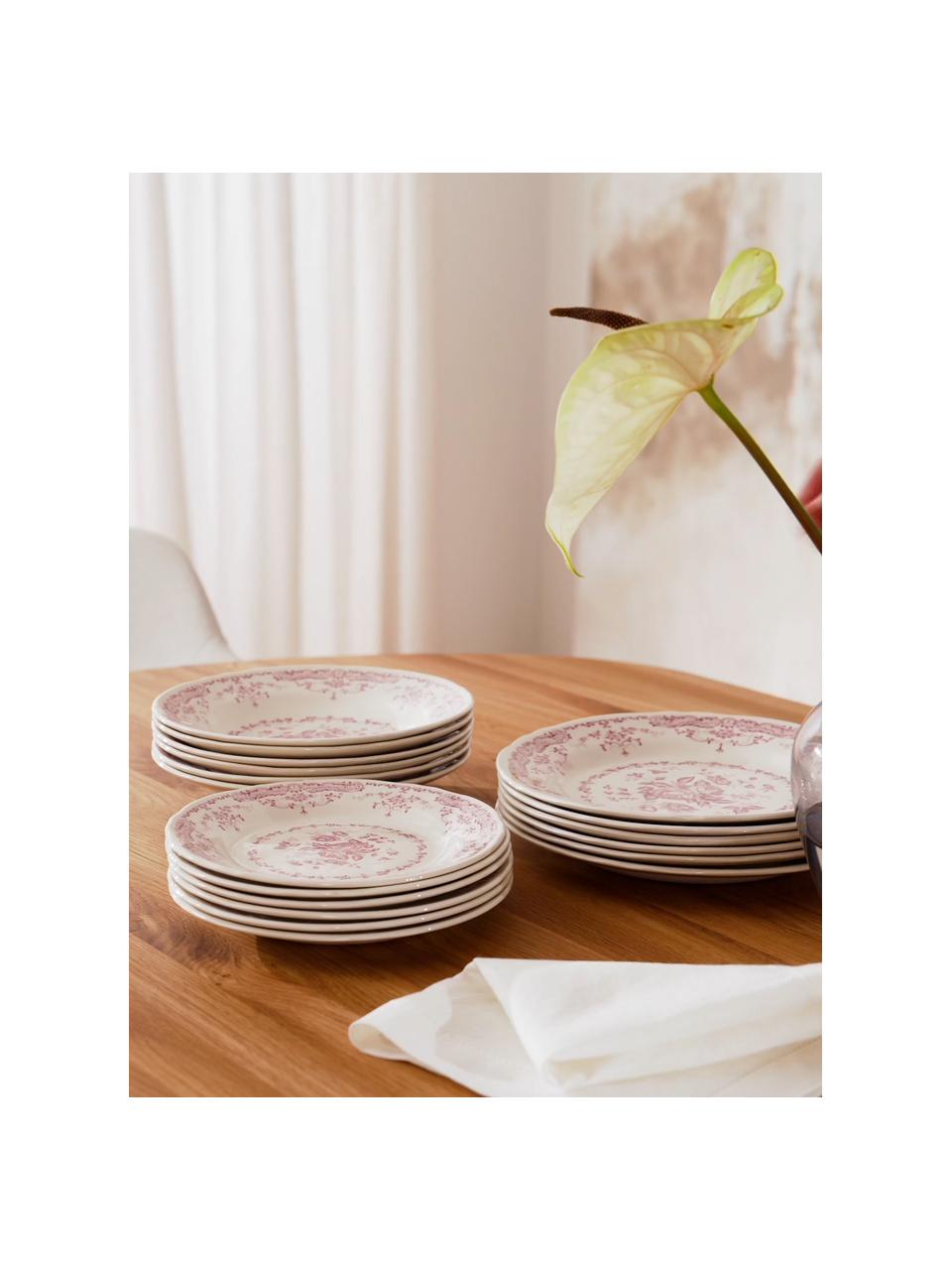 Set 18 piatti in porcellana con motivo floreale per 6 persone Rose, Ceramica, Bianco, rosa, Set in varie misure
