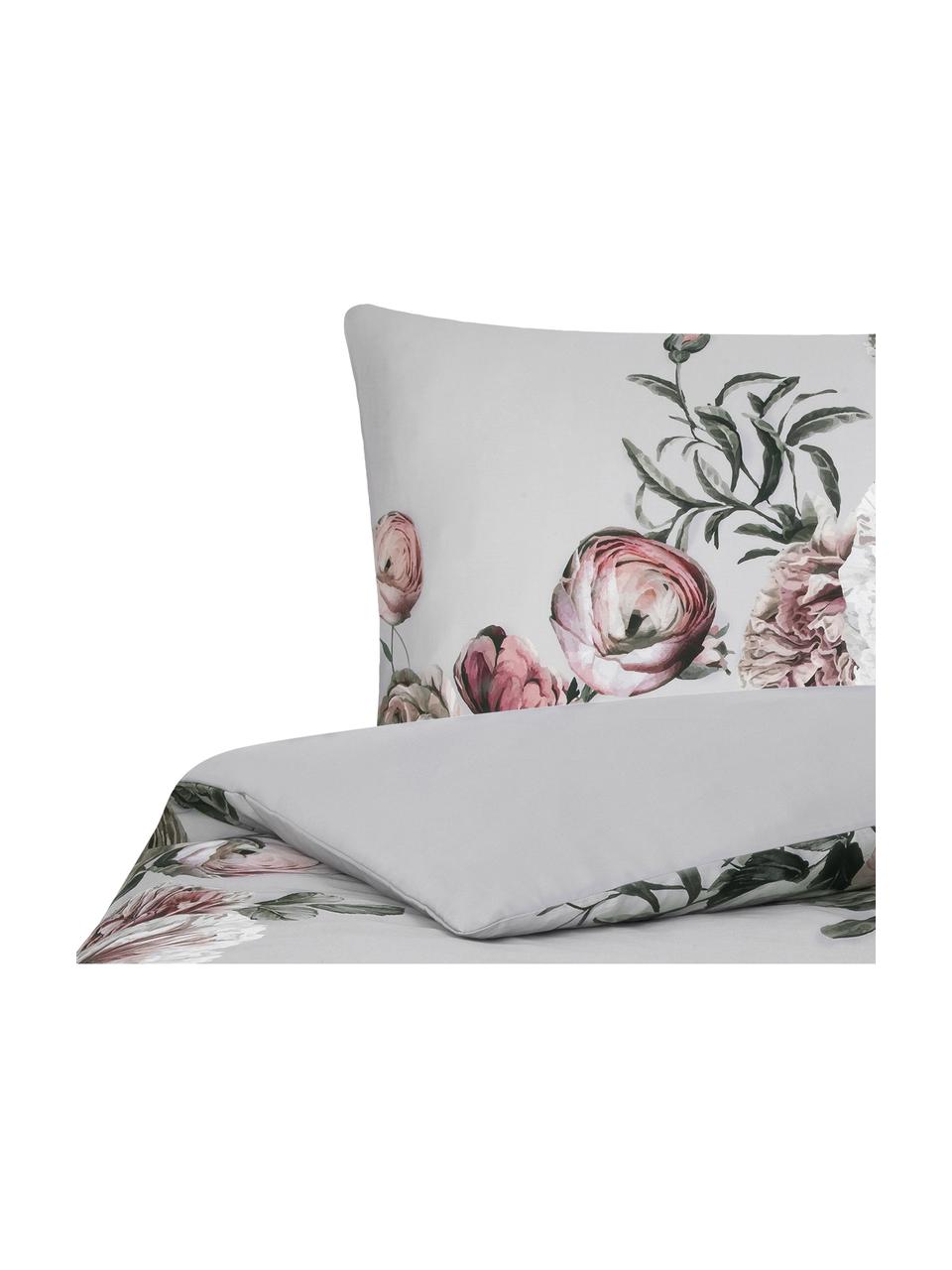 Biancheria da letto in raso di cotone Blossom, Grigio con stampa floreale, 155 x 200 cm + 1 federa 50 x 80 cm
