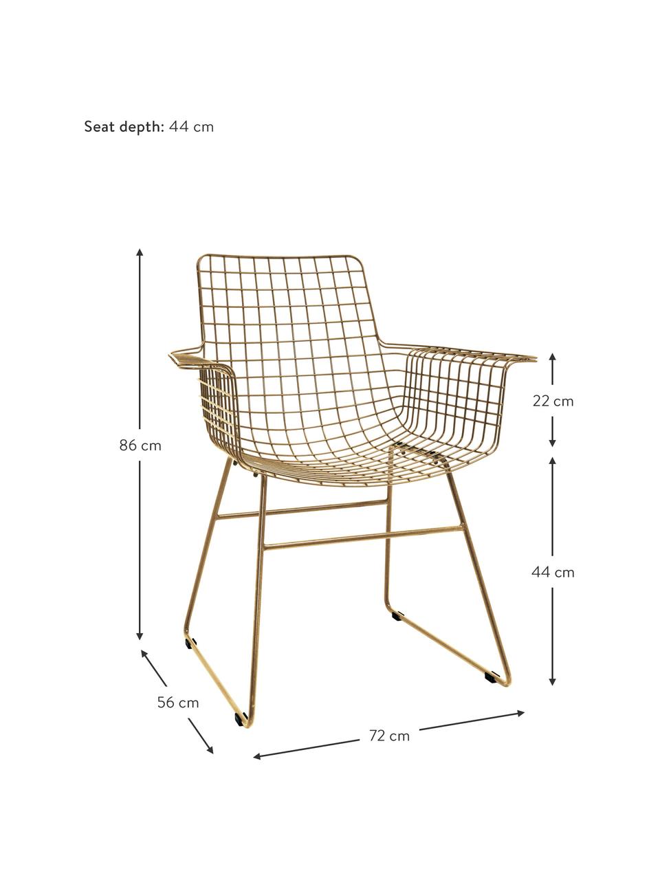 Chaise design en métal à accoudoirs Wire, Métal, revêtement par poudre, Couleur laitonnée, larg. 72 x prof. 56 cm