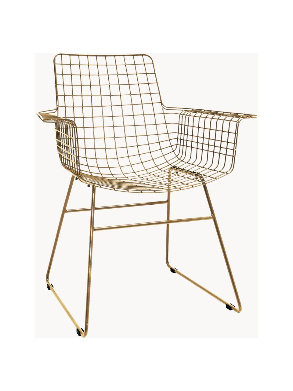 Chaise design en métal à accoudoirs Wire, Métal, revêtement par poudre, Doré, larg. 72 x prof. 56 cm