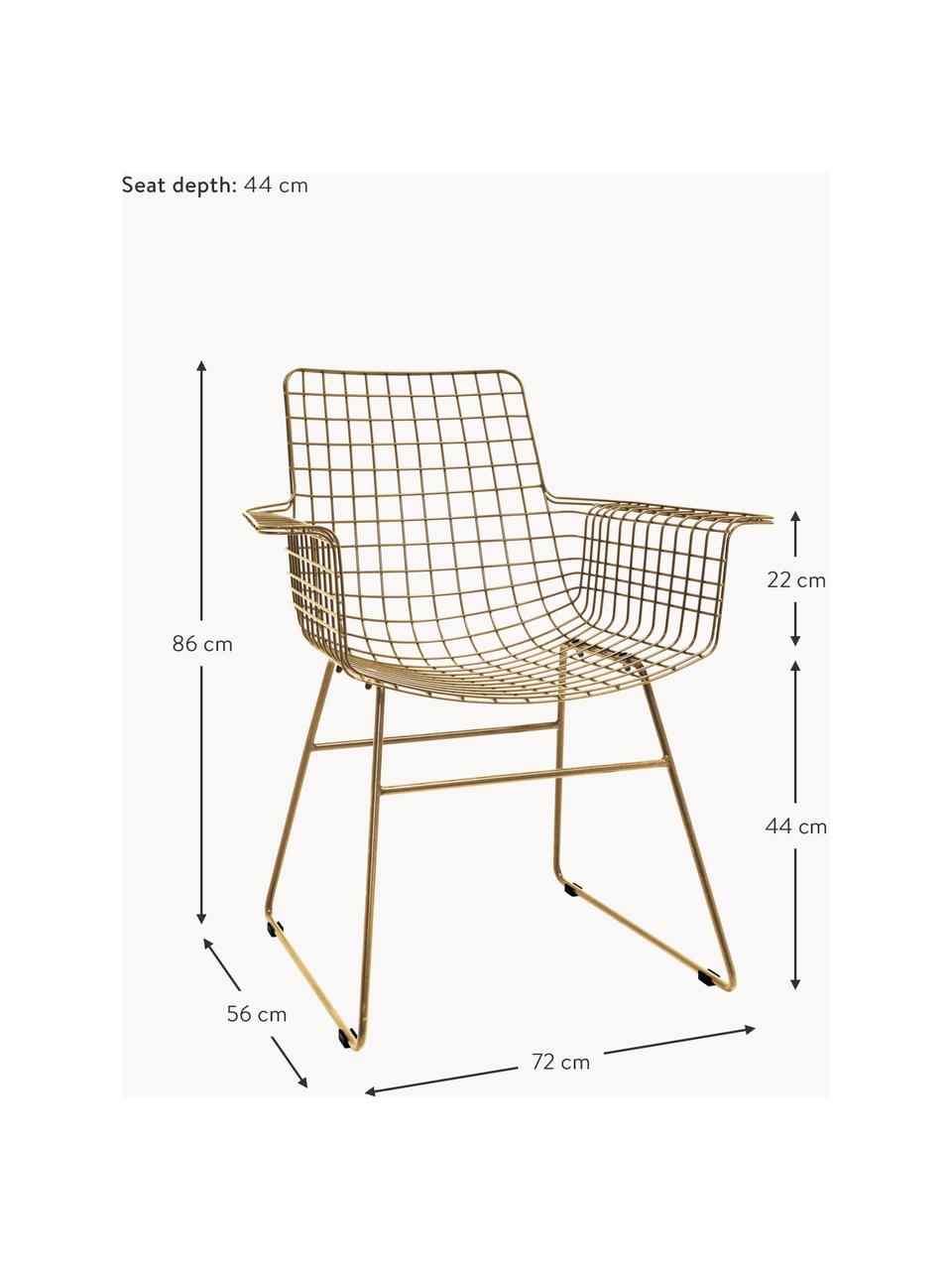 Chaise design en métal à accoudoirs Wire, Métal, revêtement par poudre, Doré, larg. 72 x prof. 56 cm