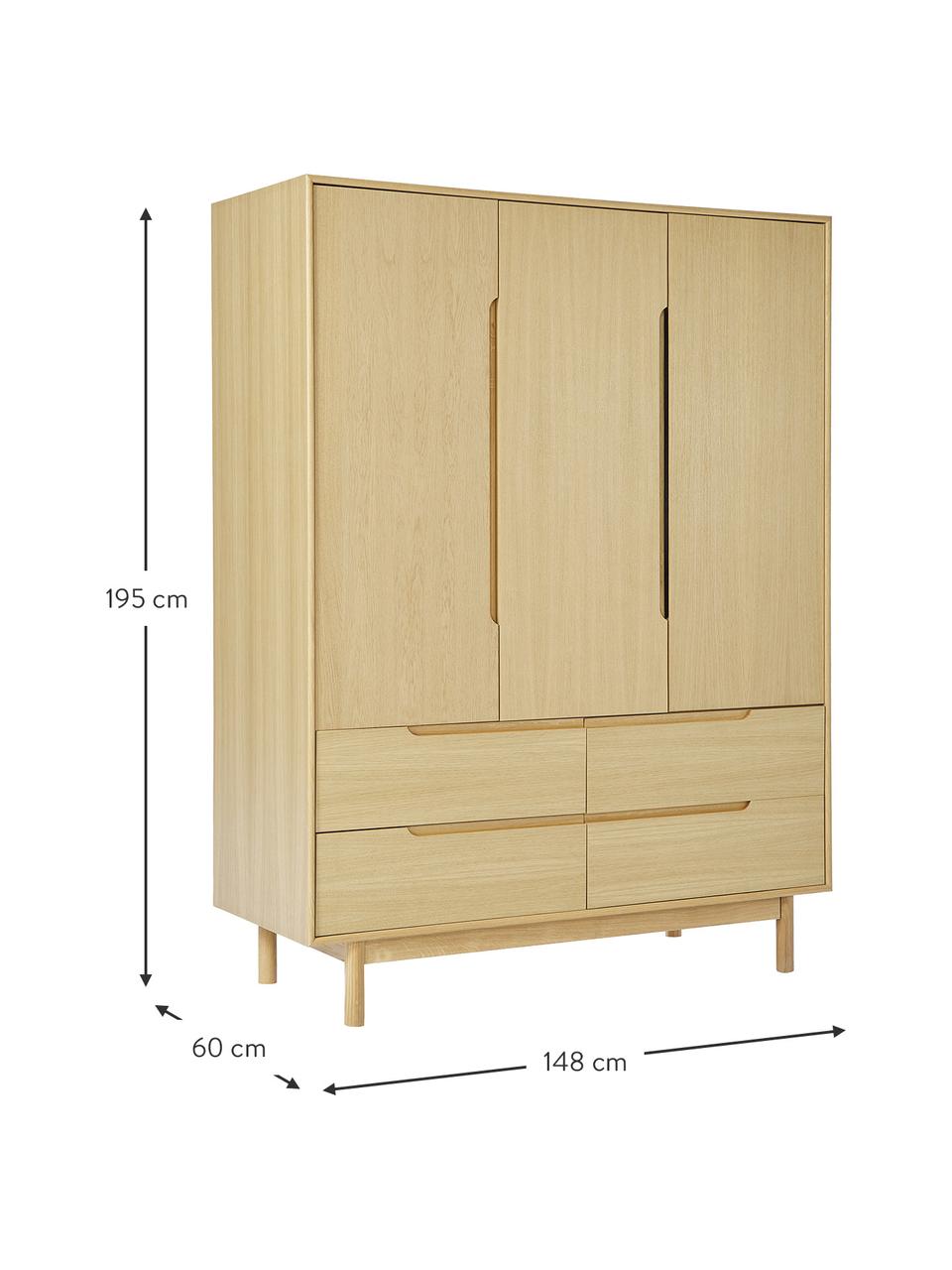 Šatní skříň Cassy, 3dvéřová, Světlé dřevo, Š 148 cm, V 195 cm