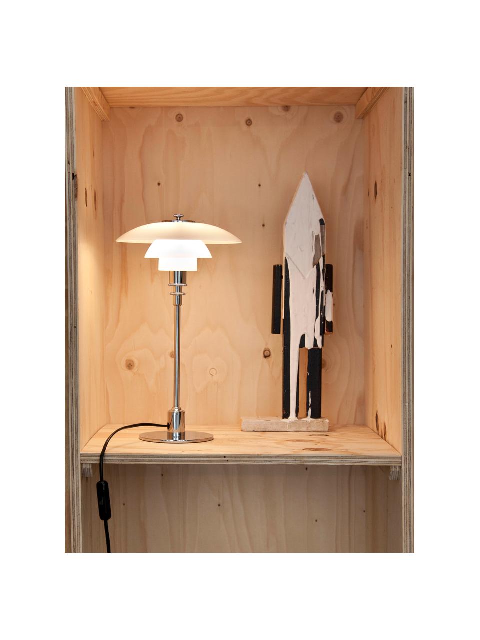 Lámpara de pie pequeña soplada PH 2/1, Pantalla: vidrio opalino soplado ar, Estructura: latón cromado, Cable: plástico, Plateado, blanco, Ø 20 x Al 36 cm