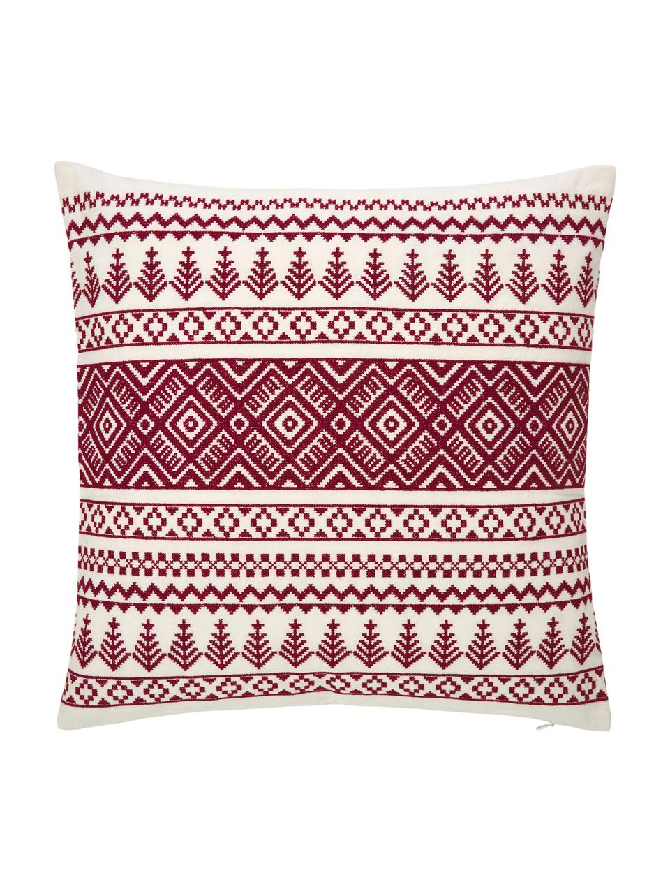 Bestickte Kissenhülle Islay mit winterlichen Motiven, 100% Baumwolle, Rot, Cremeweiss, 45 x 45 cm