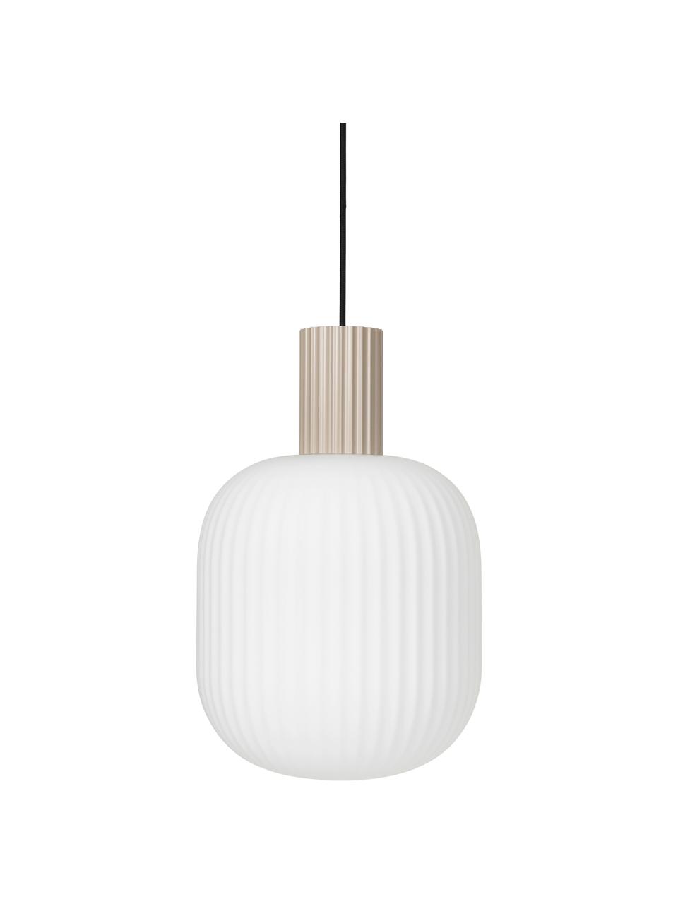 Kleine scandi hanglamp Lolly van glas, Lampenkap: opaalglas, Decoratie: gecoat metaal, Baldakijn: gecoat metaal, Wit, beige, Ø 27 x H 42 cm