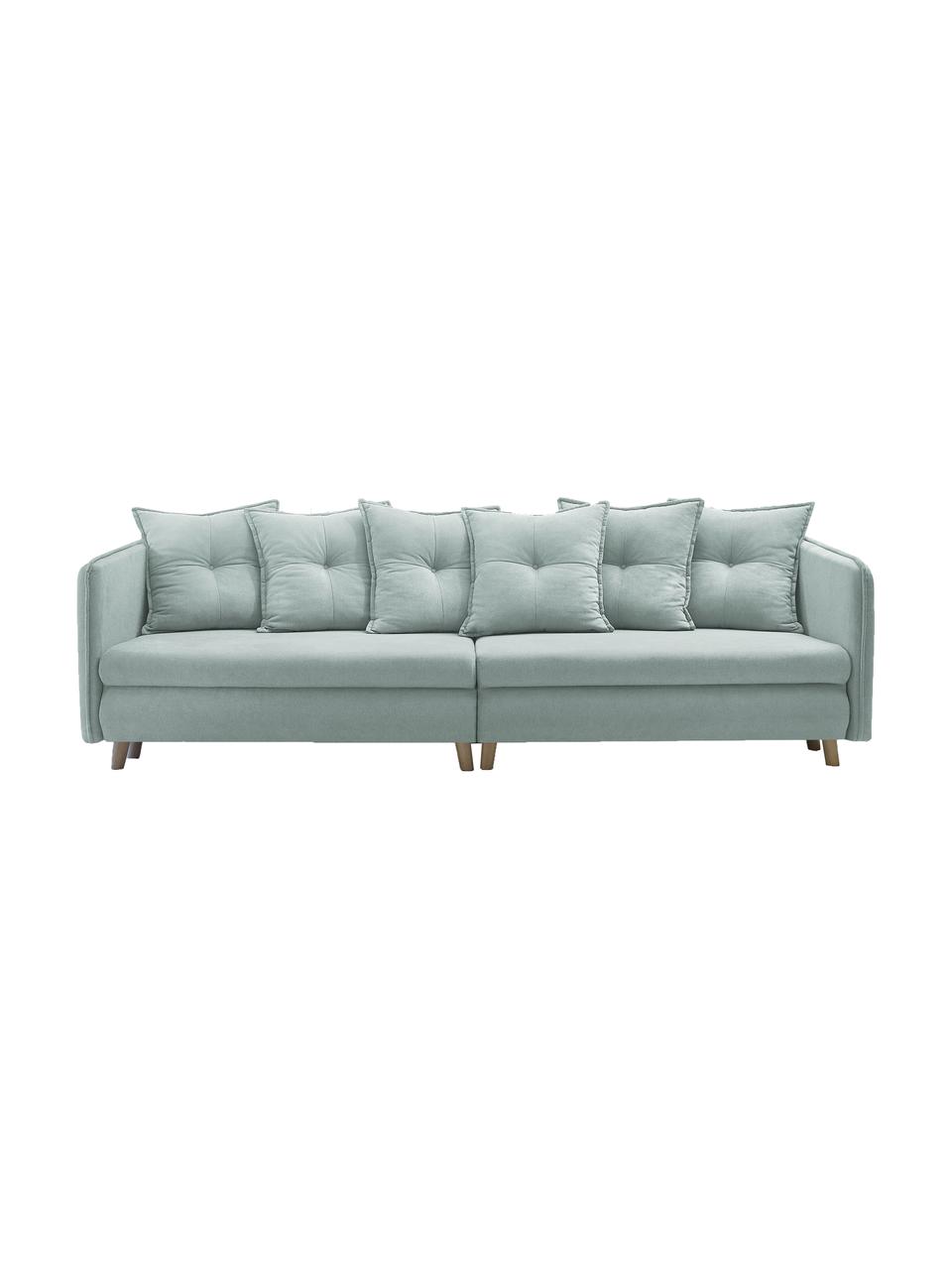 Sofa rozkładana z aksamitu z miejscem do przechowywania  Opti (4-osobowa), Tapicerka: 100% aksamit poliestrowy, Nogi: metal lakierowany, Jasny niebieski, S 264 x G 103 cm