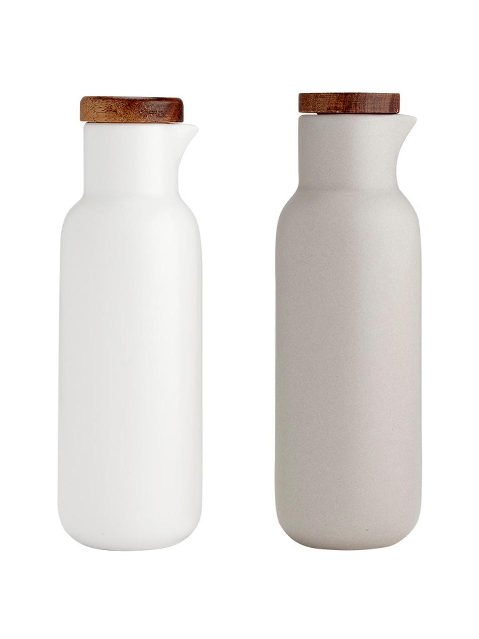 Essig- und Öl-Spender Essentials aus Porzellan und Akazienholz, 2er-Set, Weiß, Hellgrau, Ø 6 x H 18 cm